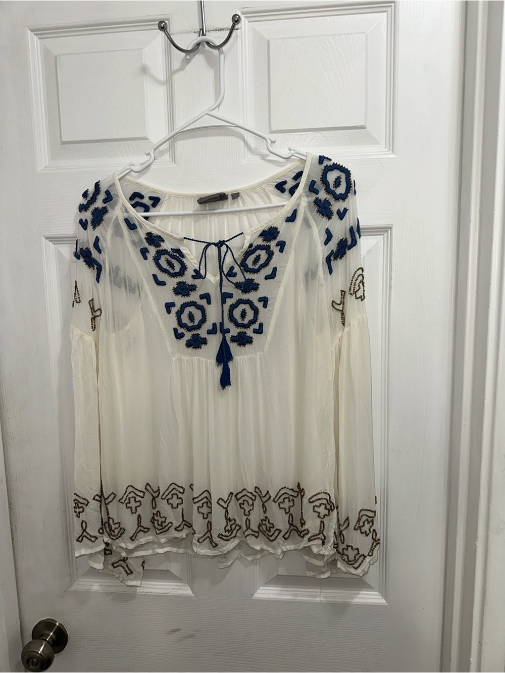 Vanessa Virginia Anthropology Ivory Peasant Tunic with Navy Embroidery Beaded